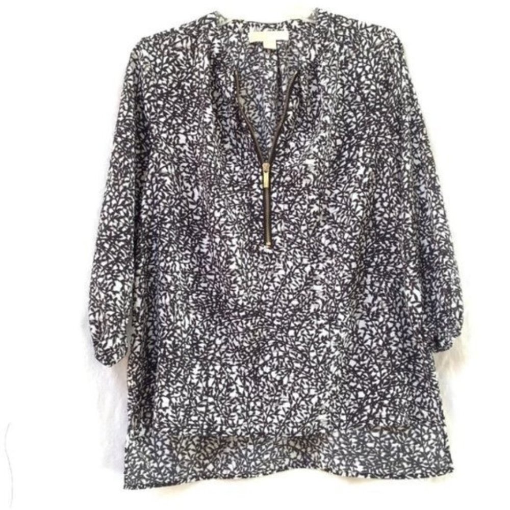 Michael Kors Zip Neck Blouse Womens 8 Black White Flowy‎ Office Workwear Summer